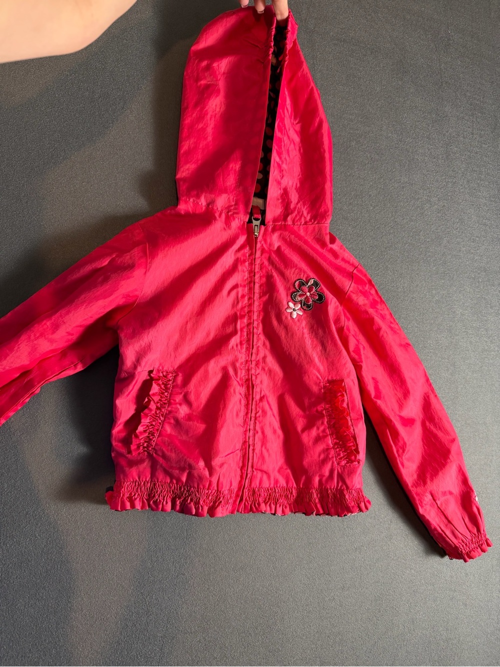 Iz Byer Bright Pink Hooded Girls' Rain Jacket with Floral Patch